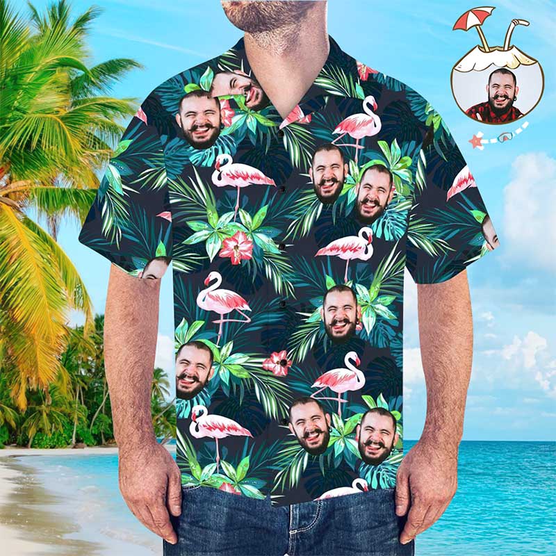Custom Face Funky Hawaiian Shirt Leaves & Flamingo Button Down Shirts