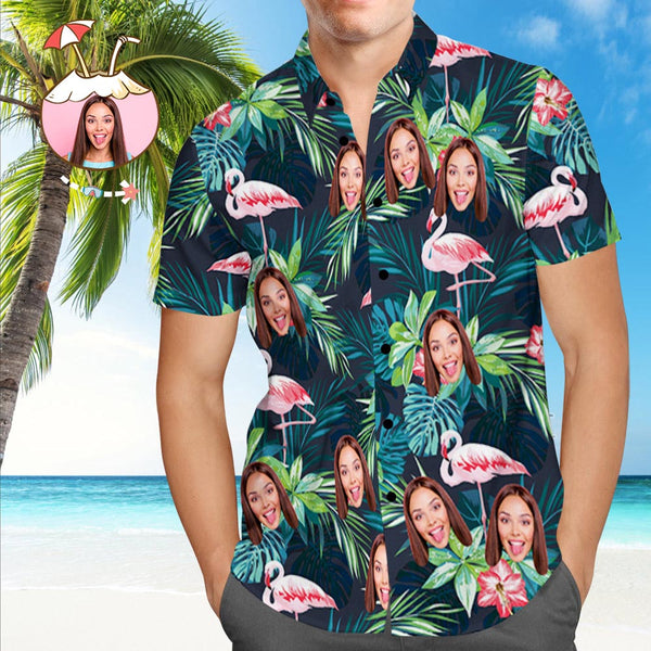 Shirt with Face Custom Face Funky Hawaiian Shirt Leaves & Flamingo Button Down Shirts