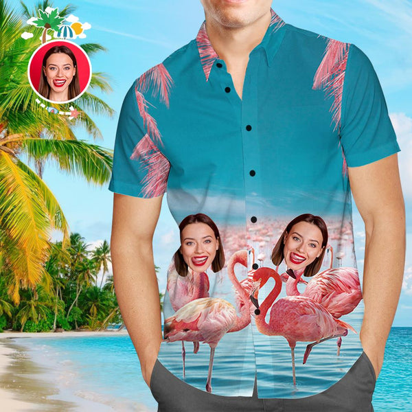 Custom Face Hawaiian Shirt Pink Flamingo Personalized Tee for Husband