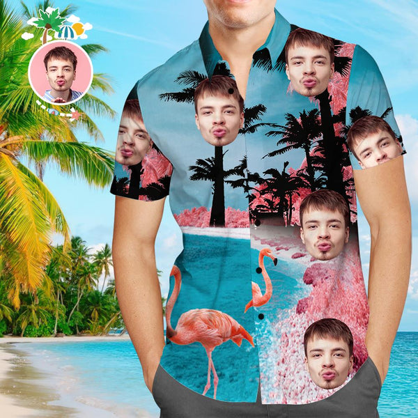 Custom Face Funky Hawaiian Shirt Seaside Flamingo Button Down Shirts
