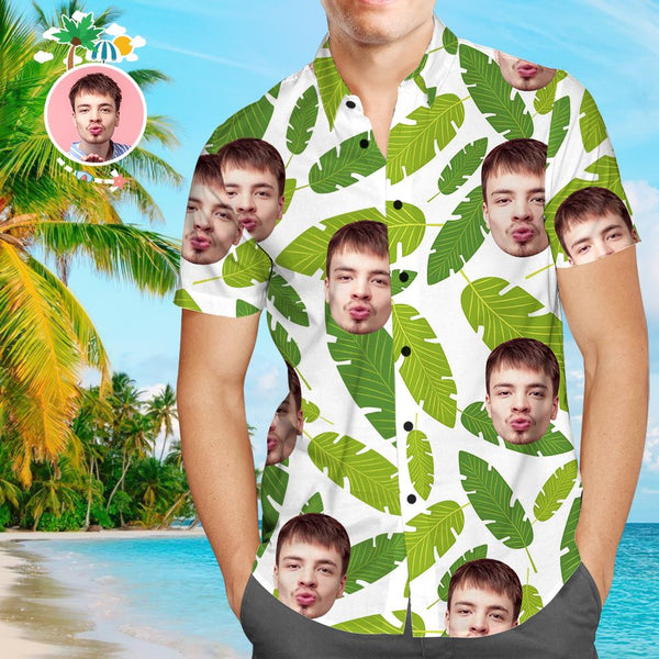 Custom Face Hawaiian Shirt Green Leaves Personalized Tee for Husband