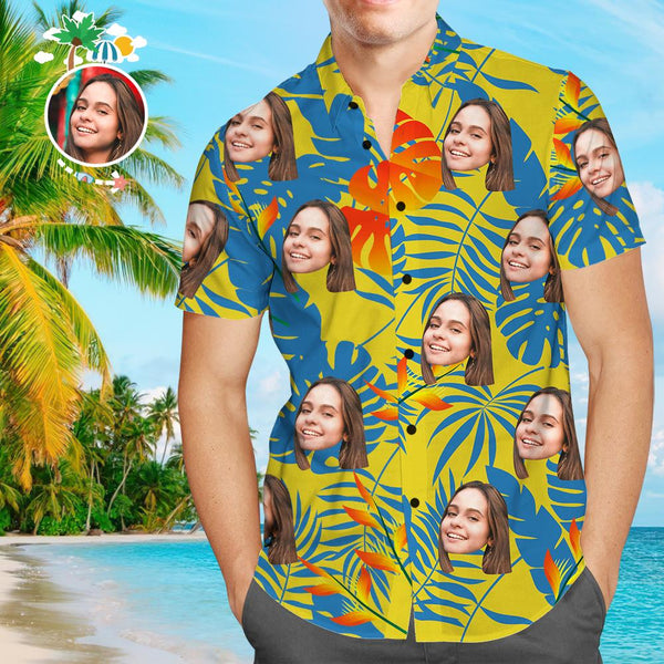 Custom Girlfriend Face Yellow Leaves Men's All Over Print Hawaiian Shirt