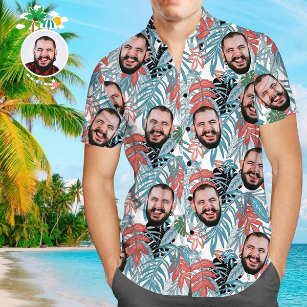 Custom Husband Face Leaves Print Men's All Over Print Hawaiian Shirt
