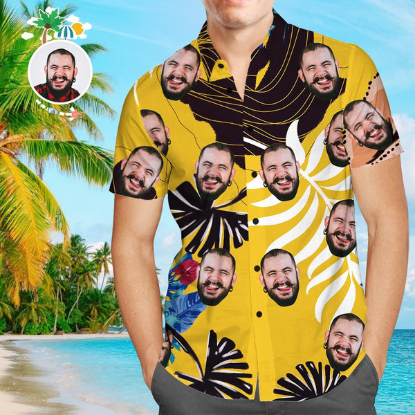 Custom Face Yellow & Black Men's All Over Print Hawaiian Shirt