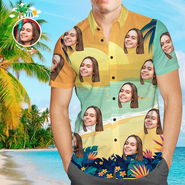 Custom Face Funky Hawaiian Shirt Beach Sunset Button Down Shirts
