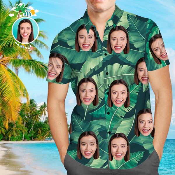 Custom Face Green Leaves Men's All Over Print Hawaiian Shirt