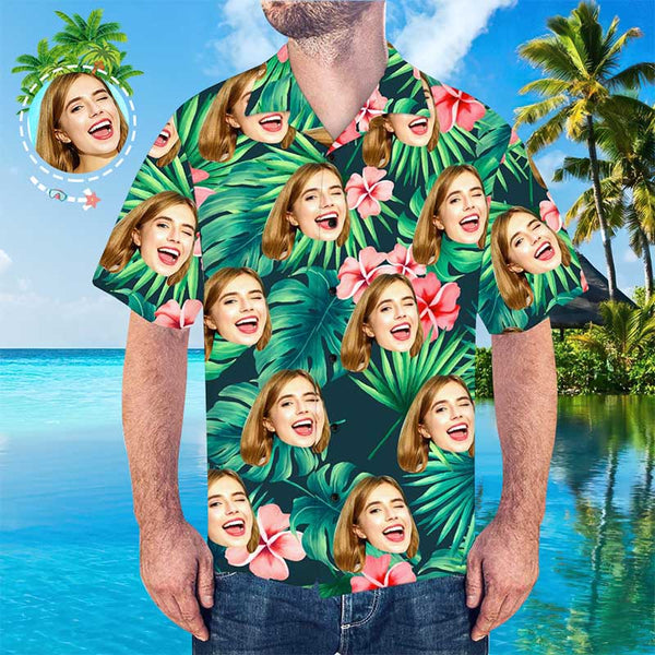 Custom Face Leaves & Flowers Men's All Over Print Hawaiian Shirt