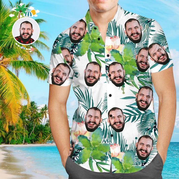 Custom Girlfriend Face Leaves & Flowers Men's All Over Print Hawaiian Shirt