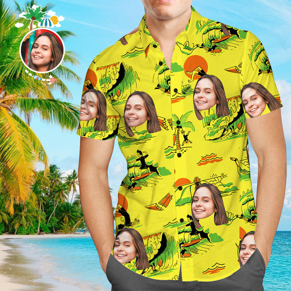Custom Face Funky Hawaiian Shirt Yellow Button Down Shortsleeve Shirts