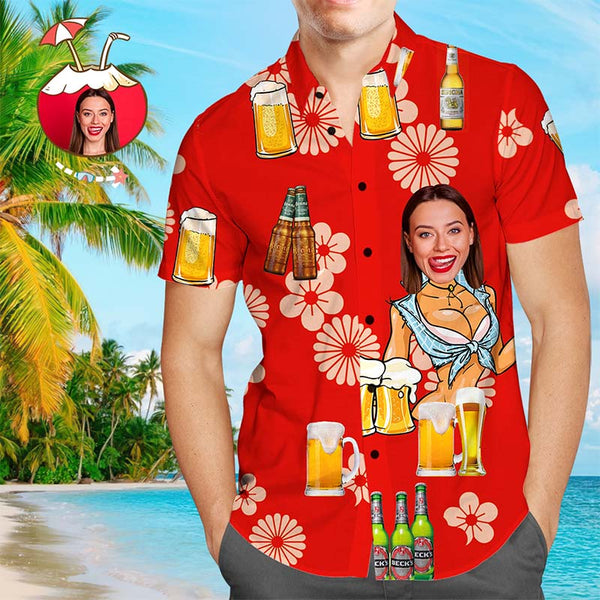 Custom Face Funky Hawaiian Shirt Beer & Girls Button Down Shirts