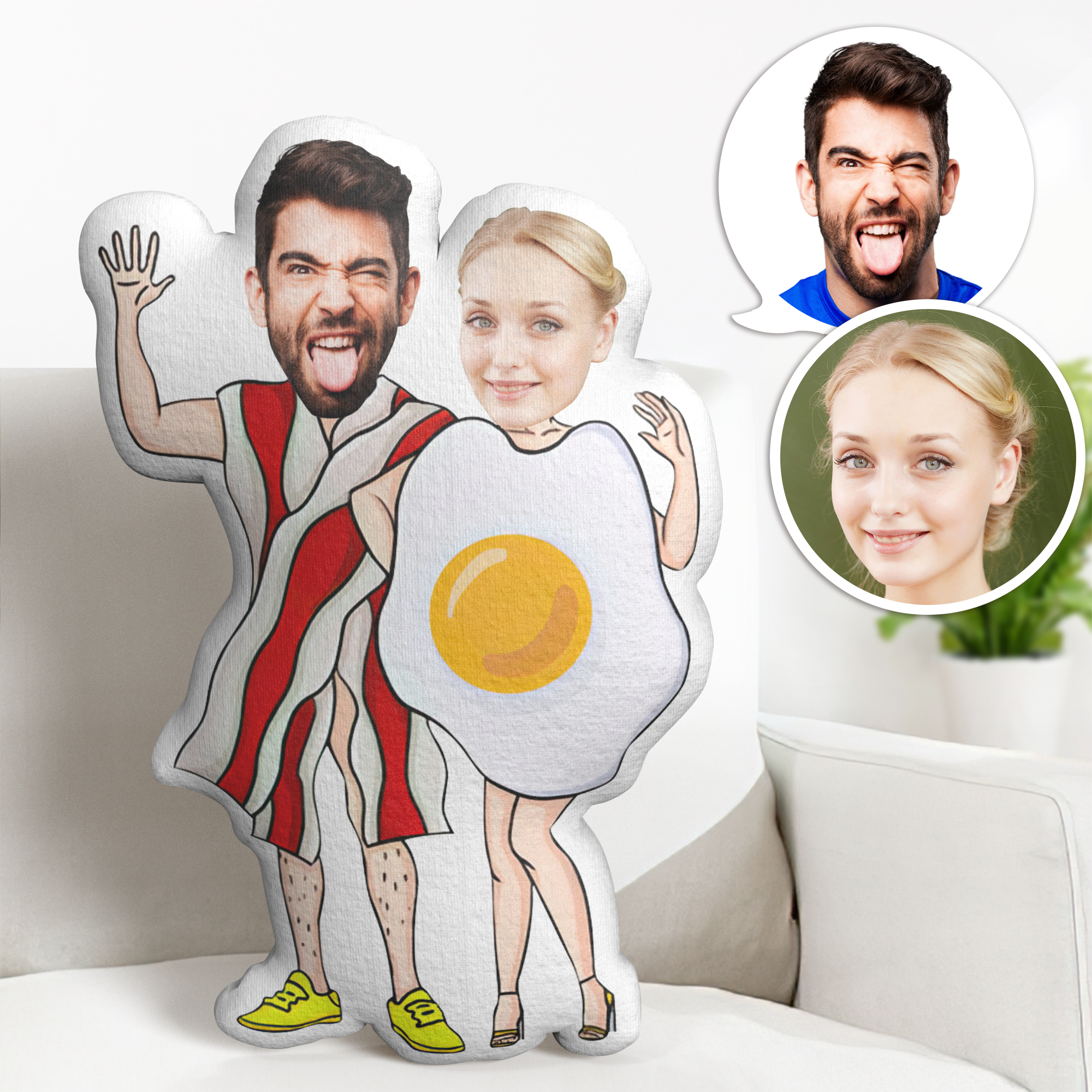 Couple Fried Eggs And Bacon Photo Face Pillow Minime Throw Pillow Custom Face Gifts Personalized Photo Minime Pillow - Myphotomugs
