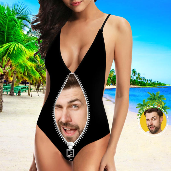 My Face Swimsuit One Piece Swimsuit Custom Bathing Suit V-Neck with Face - Zipper