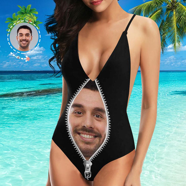 Face Swimsuit One Piece Swimsuit Custom Bathing Suit V-Neck with Face - Zipper