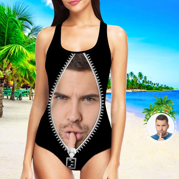 My Face Swimsuit One Piece Swimsuit Face Bathing Suit with Husbands Face Custom Swimsuit with Picture - Zipper
