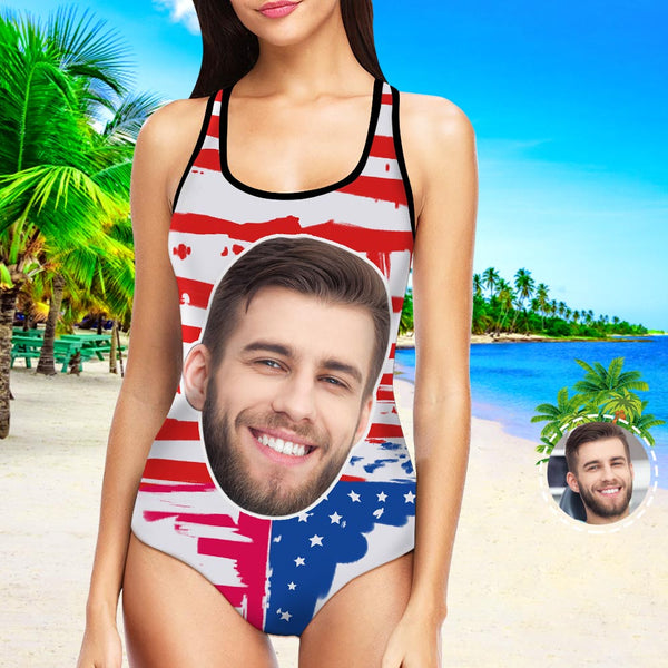 My Face Swimsuit One Piece Swimsuit Custom Bathing Suit with Husbands Face - American Flag