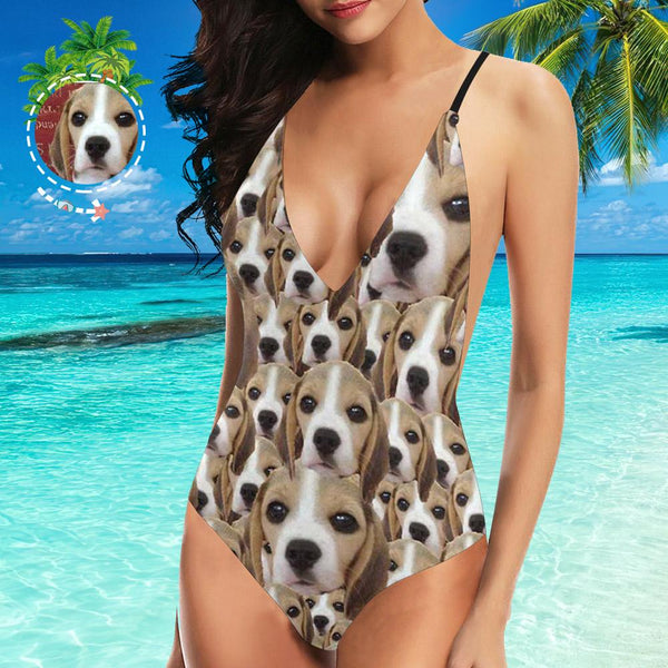 One Piece Swimsuit Face Swimsuit Custom Bathing Suit V-Neck with Face - Dog Face