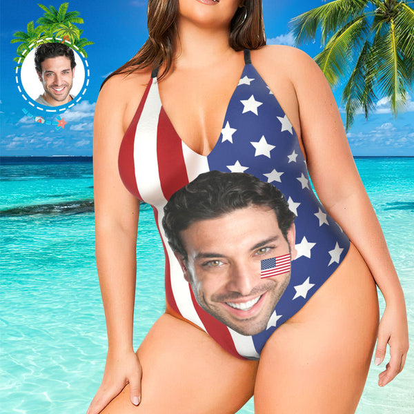 Best Plus Size Swimwear One Piece Swimsuit Face Swimsuit Custom Bathing Suit V-Neck with Face - American Flag