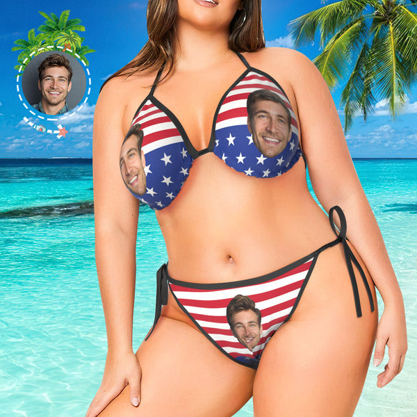 Bathing Suits for Plus Size Women Face Swimsuit Custom Bikini with Face - American Flag Stripe