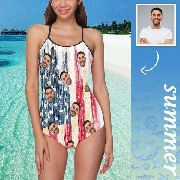 Face Swimsuit One Piece Swimsuit Custom Bathing Suit with Face - Artistic American Flag