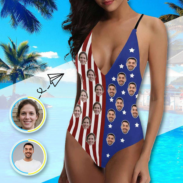 Face Swimsuit One Piece Swimsuit Custom Bathing Suit Backless with Face - American Flag