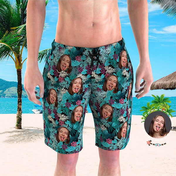 Custom Face Swim Trunks Mens Swim Trunks with Pictures - Colorful Leaves