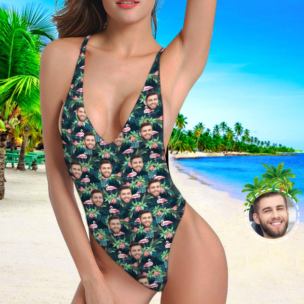 One Piece Swimsuit My Face Swimsuit Custom Bathing Suit V-Neck with Face - Leaves & Flamingo