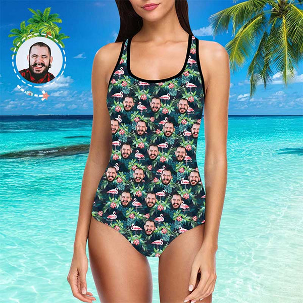 One Piece Swimsuit Face Swimsuit Custom Bathing Suit with Face - Leaves & Flamingo