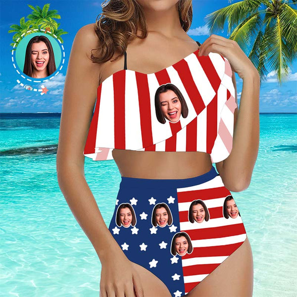 Face Swimsuit Custom Ruffle Bikini with Face High Waisted - American Flag