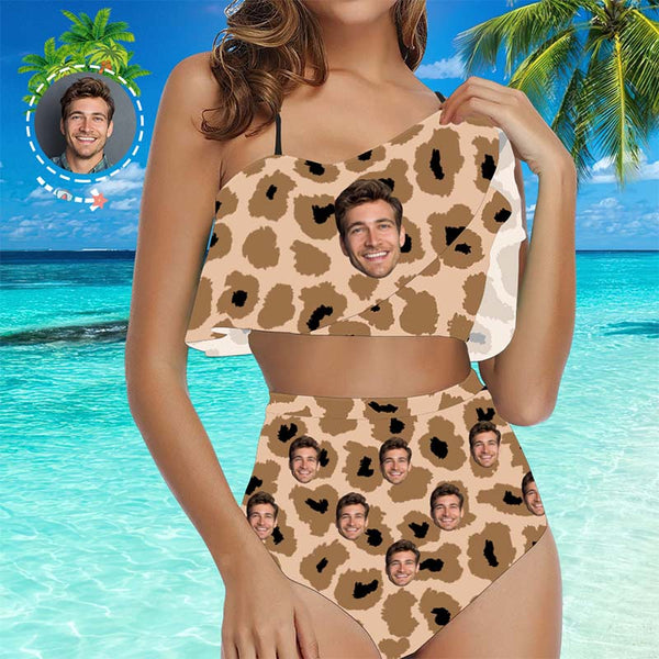Face Swimsuit Custom Ruffle Bikini with Face High Waisted - Leopard
