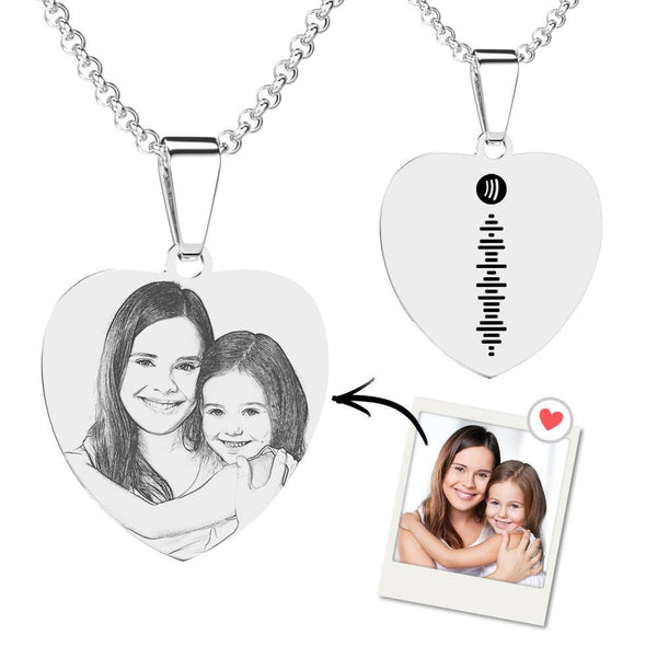 Personalized Music Spotify Code Heart Photo Necklace Stainless Steel Pendant Custom Laser Engrave