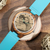 custom-men's Engraved Wooden Photo Watch Blue Leather Strap