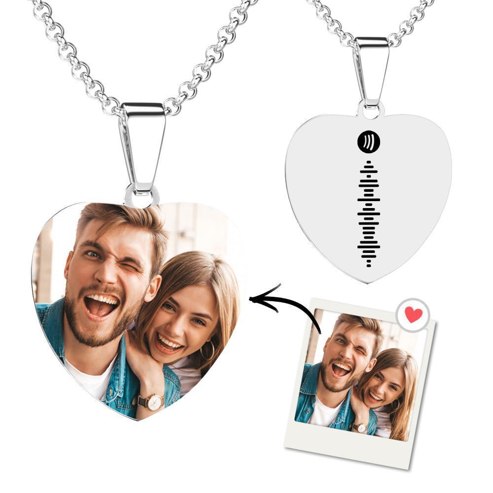 Personalized Music Spotify Scan Code Heart Photo Necklace Stainless Steel Pendant