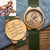 Women's Engraved Bamboo Photo Watch Dark Green Leather Strap 40mm