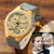 custom-men's Engraved Bamboo Photo Watch Grey Leather Strap 45mm Gift For Boyfriend