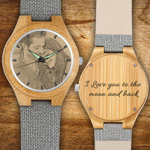 custom-men's Engraved Bamboo Photo Watch Grey Leather Strap 45mm - photowatch