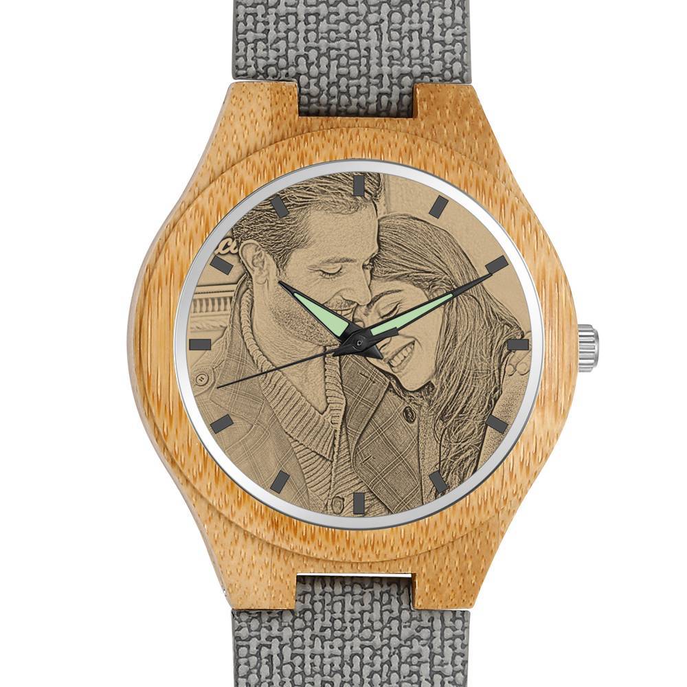 Wocustom-men's Engraved Bamboo Photo Watch Grey Leather Strap 40mm