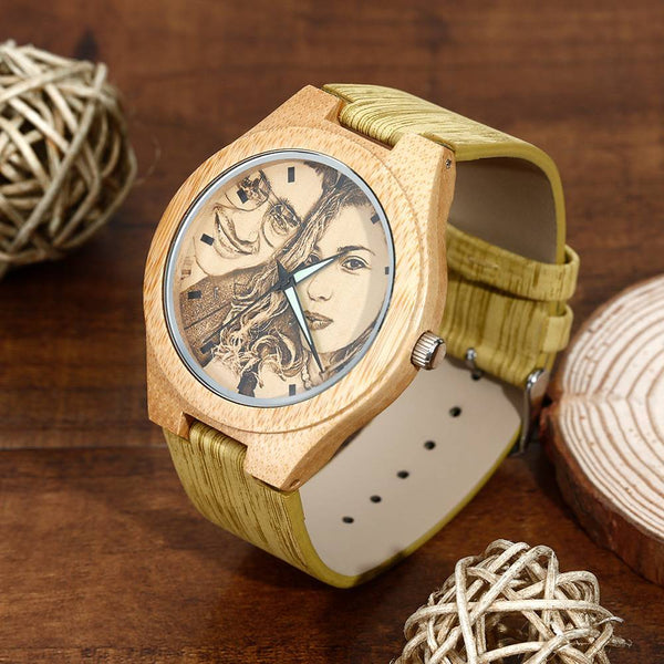Wocustom-men's Engraved Bamboo Photo Watch Wooden Leather Strap 40mm