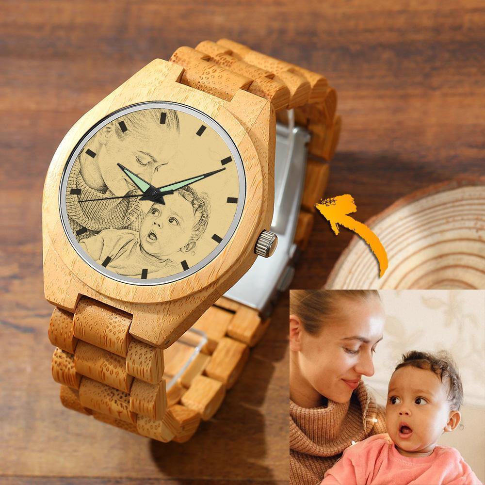custom-men's Engraved Bamboo Photo Watch Wooden Strap 45mm