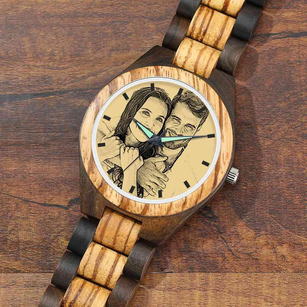 Engraved Photo Watch custom-men's Watch Wooden Strap 45mm