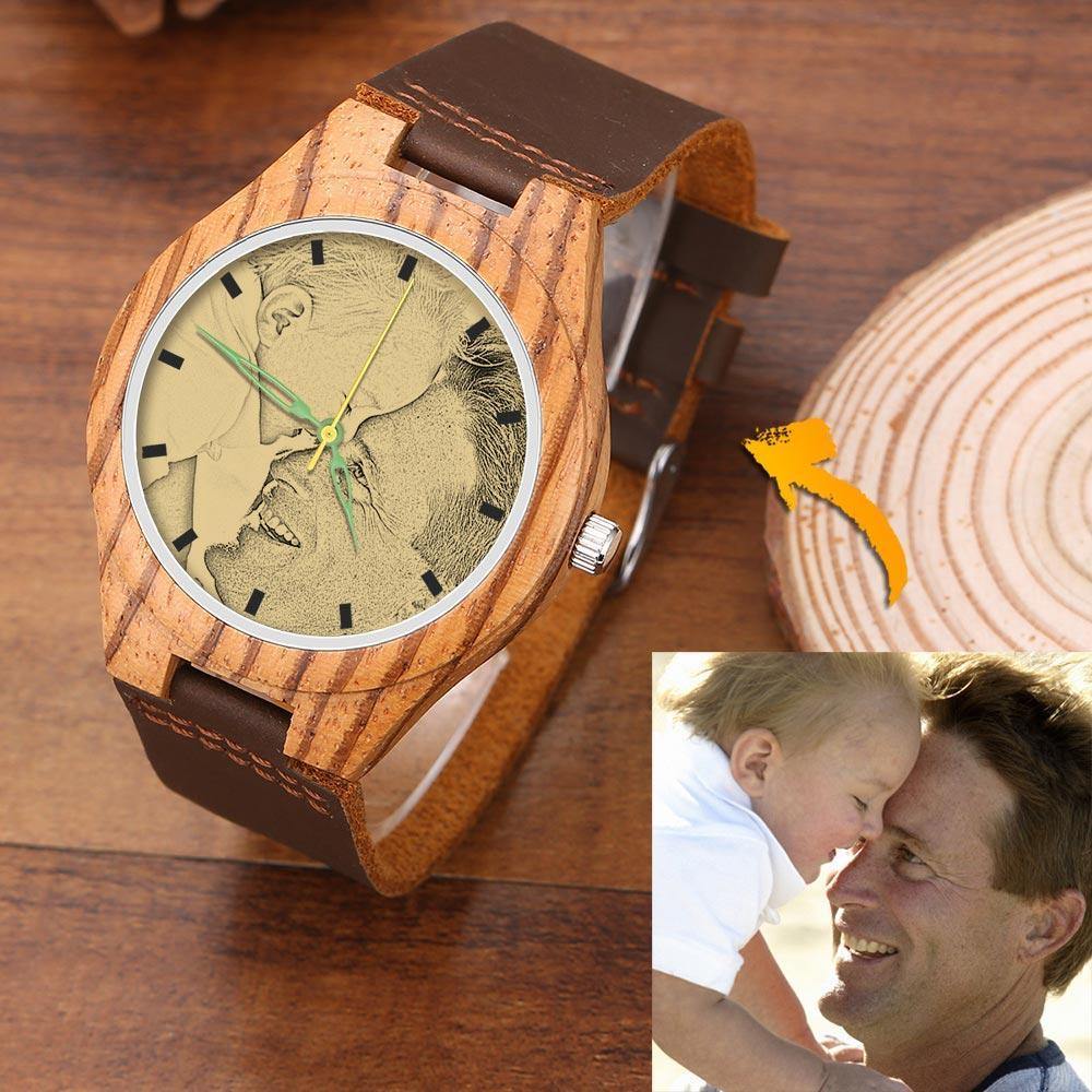 Men's Engraved Wooden Photo Watch Brown Strap 45mm For Him