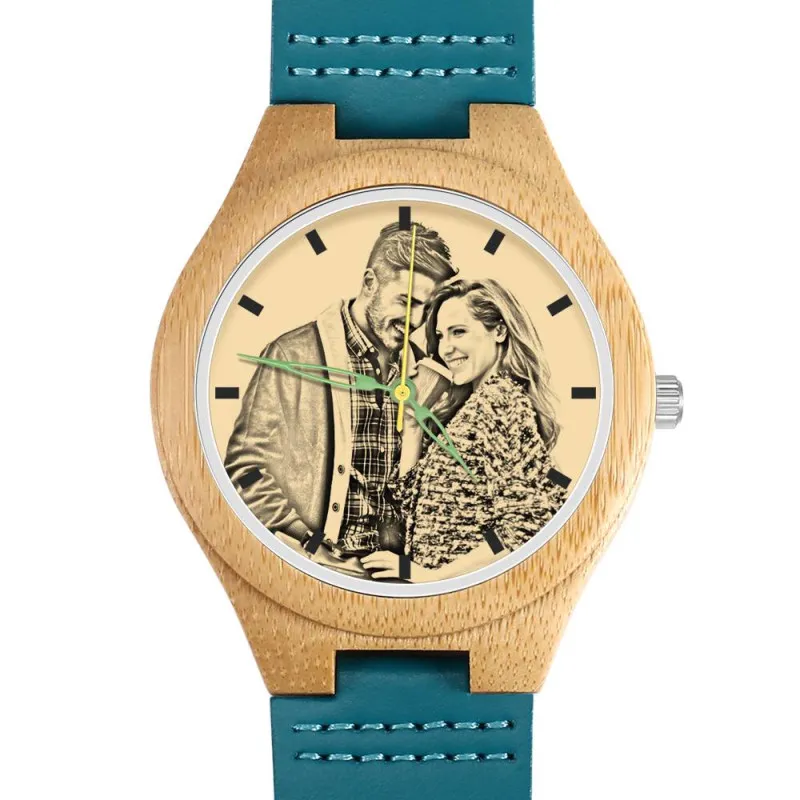 Men's Engraved Wooden Photo Watch Blue Leather Strap - Bamboo - photowatch