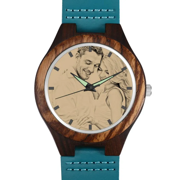 Women's Engraved Wooden Photo Watch Blue Leather Strap For Her
