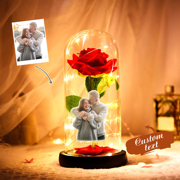 Custom Photo Text Eternal Rose Flower LED Night Light Romantic Simulation Eternal Rose Flower Glass Cover for Anniversary and Valentine's Day