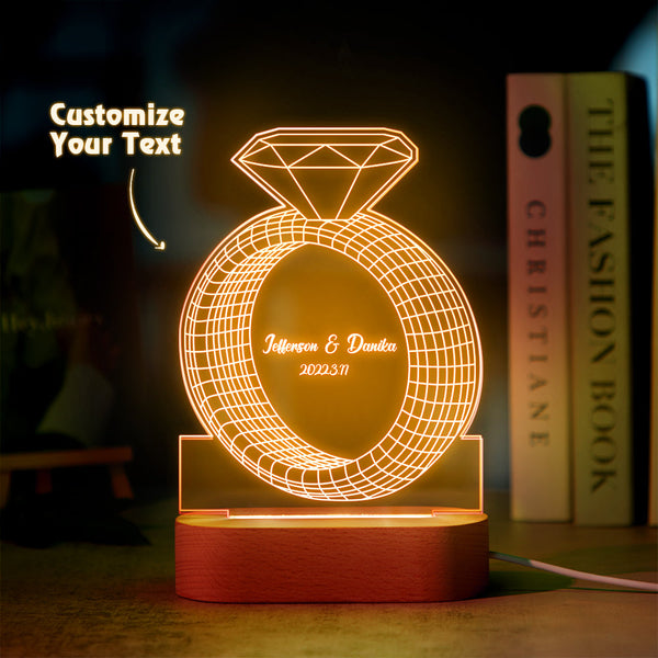 Personalized Text Diamond Ring Colorful Lamp Custom Acrylic 3D Printed Night Light Proposal Anniversary Day Gift - Myphotomugs